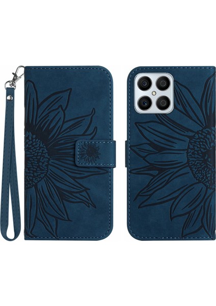 Honor X8 4g ile Uyumlu Çıkarılabilir Askılı ve Manyetik Kart Tutuculu Kabartmalı Ayçiçeği Cüzdan Telefon Kılıfı (Yurt Dışından)