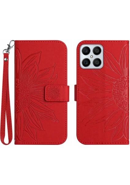 Honor X8 4g ile Uyumlu Çıkarılabilir Askılı ve Manyetik Kart Tutuculu Kabartmalı Ayçiçeği Cüzdan Telefon Kılıfı (Yurt Dışından)