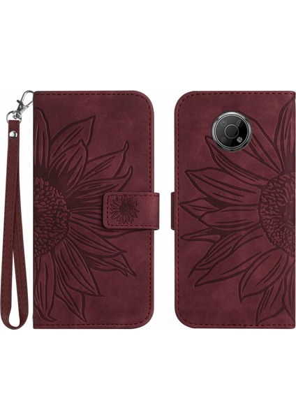 Nokia G300 ile Uyumlu Çıkarılabilir Askılı ve Manyetik Kart Tutuculu Kabartmalı Ayçiçeği Cüzdan Telefon Kılıfı (Yurt Dışından)