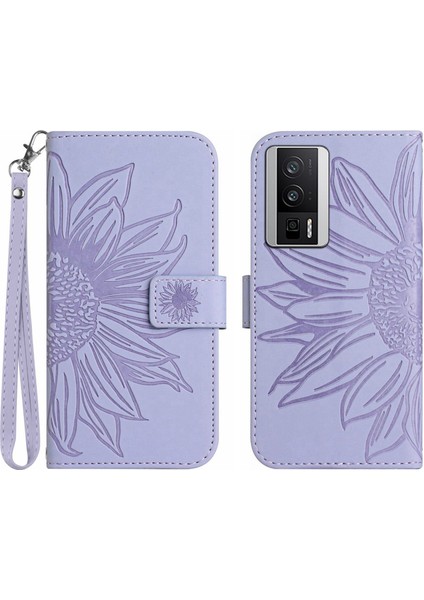 Xiaomi Poco F5 Pro ile Uyumlu Çıkarılabilir Askılı ve Manyetik Kart Tutuculu Kabartmalı Ayçiçeği Cüzdan Telefon Kılıfı (Yurt Dışından)