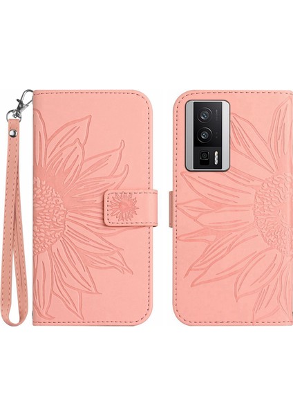 Xiaomi Poco F5 Pro ile Uyumlu Çıkarılabilir Askılı ve Manyetik Kart Tutuculu Kabartmalı Ayçiçeği Cüzdan Telefon Kılıfı (Yurt Dışından)