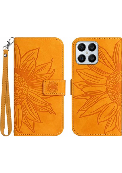 Honor X8 4g ile Uyumlu Çıkarılabilir Askılı ve Manyetik Kart Tutuculu Kabartmalı Ayçiçeği Cüzdan Telefon Kılıfı (Yurt Dışından)