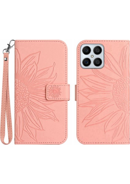Honor X8 4g ile Uyumlu Çıkarılabilir Askılı ve Manyetik Kart Tutuculu Kabartmalı Ayçiçeği Cüzdan Telefon Kılıfı (Yurt Dışından)