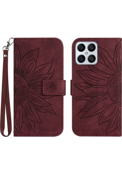 Honor X8 4g ile Uyumlu Çıkarılabilir Askılı ve Manyetik Kart Tutuculu Kabartmalı Ayçiçeği Cüzdan Telefon Kılıfı (Yurt Dışından)