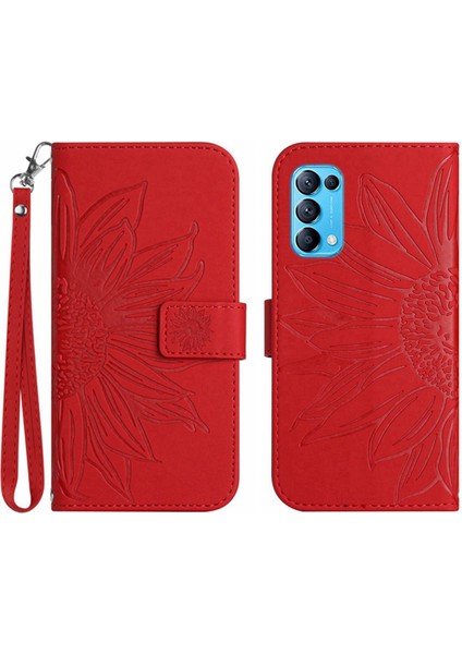 Oppo Reno 5 ile Uyumlu Çıkarılabilir Askılı ve Manyetik Kart Tutuculu Kabartmalı Ayçiçeği Cüzdan Telefon Kılıfı (Yurt Dışından)