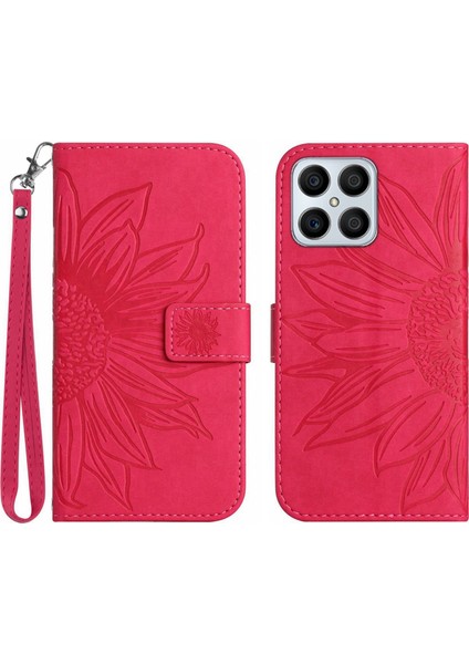 Honor X8 4g ile Uyumlu Çıkarılabilir Askılı ve Manyetik Kart Tutuculu Kabartmalı Ayçiçeği Cüzdan Telefon Kılıfı (Yurt Dışından)