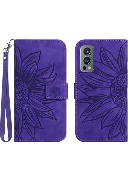 Oneplus Nord 2 ile Uyumlu Çıkarılabilir Askılı ve Manyetik Kart Tutuculu Kabartmalı Ayçiçeği Cüzdan Telefon Kılıfı (Yurt Dışından)