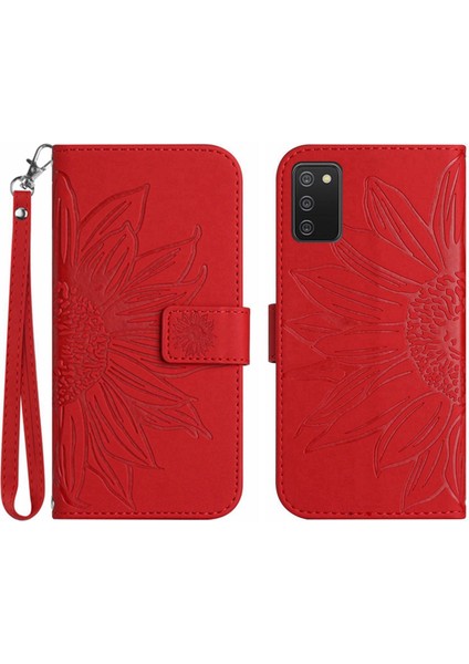 Samsung Galaxy A02S ile Uyumlu Çıkarılabilir Askılı ve Manyetik Kart Tutuculu Kabartmalı Ayçiçeği Cüzdan Telefon Kılıfı (Yurt Dışından)
