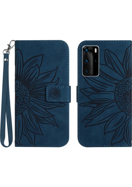 Huawei P40 Pro ile Uyumlu Çıkarılabilir Askılı ve Manyetik Kart Tutuculu Kabartmalı Ayçiçeği Cüzdan Telefon Kılıfı (Yurt Dışından)