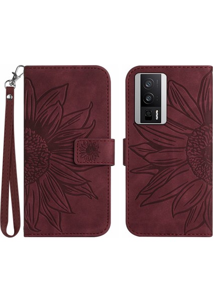 Xiaomi Poco F5 Pro ile Uyumlu Çıkarılabilir Askılı ve Manyetik Kart Tutuculu Kabartmalı Ayçiçeği Cüzdan Telefon Kılıfı (Yurt Dışından)