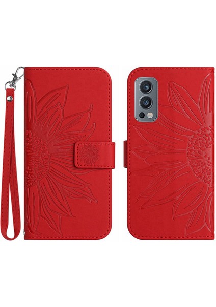 Oneplus Nord 2 ile Uyumlu Çıkarılabilir Askılı ve Manyetik Kart Tutuculu Kabartmalı Ayçiçeği Cüzdan Telefon Kılıfı (Yurt Dışından)