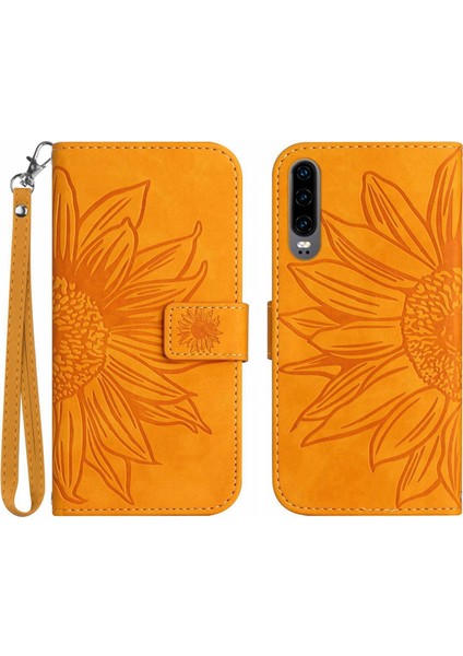 Huawei P30 ile Uyumlu Çıkarılabilir Askılı ve Manyetik Kart Tutuculu Kabartmalı Ayçiçeği Cüzdan Telefon Kılıfı (Yurt Dışından)