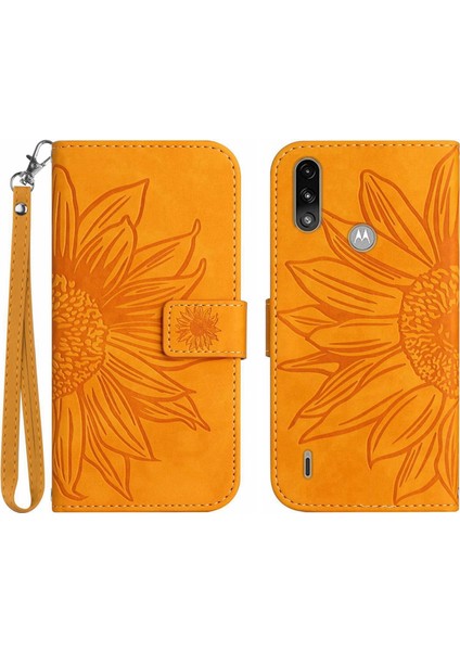 Motorola Moto E7 Power ile Uyumlu Çıkarılabilir Askılı ve Manyetik Kart Tutuculu Kabartmalı Ayçiçeği Cüzdan Telefon Kılıfı (Yurt Dışından)