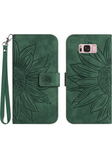 Samsung Galaxy S8 Plus ile Uyumlu Çıkarılabilir Askılı ve Manyetik Kart Tutuculu Kabartmalı Ayçiçeği Cüzdan Telefon Kılıfı (Yurt Dışından)