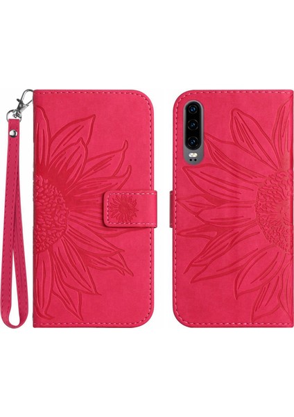 Huawei P30 ile Uyumlu Çıkarılabilir Askılı ve Manyetik Kart Tutuculu Kabartmalı Ayçiçeği Cüzdan Telefon Kılıfı (Yurt Dışından)
