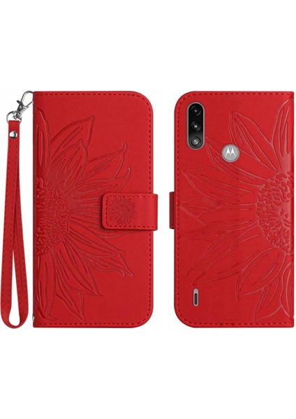 Motorola Moto E7 Power ile Uyumlu Çıkarılabilir Askılı ve Manyetik Kart Tutuculu Kabartmalı Ayçiçeği Cüzdan Telefon Kılıfı (Yurt Dışından)
