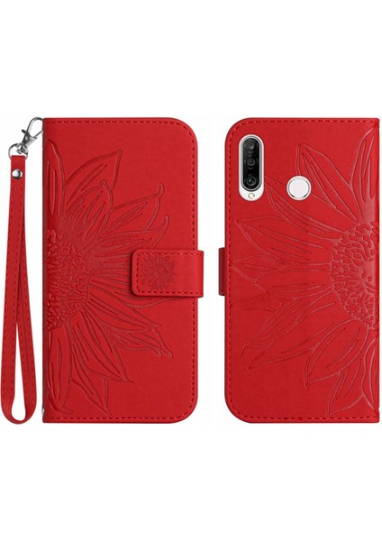 Huawei P30 Lite ile Uyumlu Çıkarılabilir Askılı ve Manyetik Kart Tutuculu Kabartmalı Ayçiçeği Cüzdan Telefon Kılıfı (Yurt Dışından)