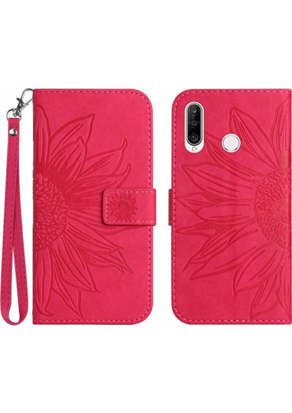 Huawei P30 Lite ile Uyumlu Çıkarılabilir Askılı ve Manyetik Kart Tutuculu Kabartmalı Ayçiçeği Cüzdan Telefon Kılıfı (Yurt Dışından)