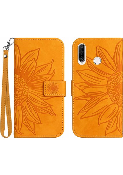 Huawei P30 Lite ile Uyumlu Çıkarılabilir Askılı ve Manyetik Kart Tutuculu Kabartmalı Ayçiçeği Cüzdan Telefon Kılıfı (Yurt Dışından)