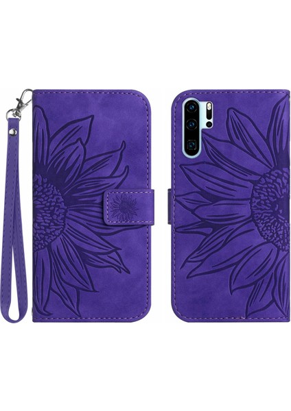 Huawei P30 Pro ile Uyumlu Çıkarılabilir Askılı ve Manyetik Kart Tutuculu Kabartmalı Ayçiçeği Cüzdan Telefon Kılıfı (Yurt Dışından)