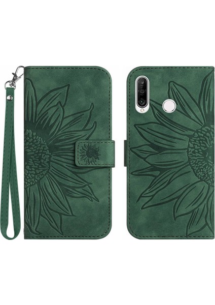 Huawei P30 Lite ile Uyumlu Çıkarılabilir Askılı ve Manyetik Kart Tutuculu Kabartmalı Ayçiçeği Cüzdan Telefon Kılıfı (Yurt Dışından)