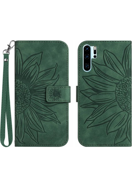 Huawei P30 Pro ile Uyumlu Çıkarılabilir Askılı ve Manyetik Kart Tutuculu Kabartmalı Ayçiçeği Cüzdan Telefon Kılıfı (Yurt Dışından)