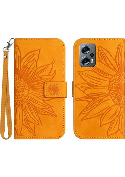 Xiaomi Poco X4 Gt ile Uyumlu Çıkarılabilir Askılı ve Manyetik Kart Tutuculu Kabartmalı Ayçiçeği Cüzdan Telefon Kılıfı (Yurt Dışından)