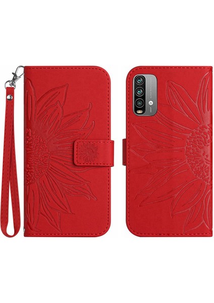Xiaomi Poco M3 ile Uyumlu Çıkarılabilir Askılı ve Manyetik Kart Tutuculu Kabartmalı Ayçiçeği Cüzdan Telefon Kılıfı (Yurt Dışından)