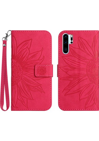 Huawei P30 Pro ile Uyumlu Çıkarılabilir Askılı ve Manyetik Kart Tutuculu Kabartmalı Ayçiçeği Cüzdan Telefon Kılıfı (Yurt Dışından)