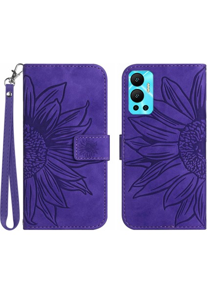 Infinix Hot 12 ile Uyumlu Çıkarılabilir Askılı ve Manyetik Kart Tutuculu Kabartmalı Ayçiçeği Cüzdan Telefon Kılıfı (Yurt Dışından)