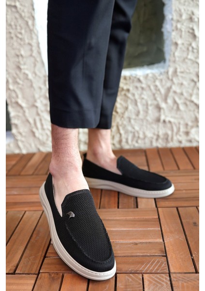 Terry Erkek Siyah Garantili Rahat Dikişli Esnek Deri Detaylı Triko Loafer TERRY-7992