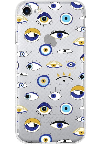Apple iPhone 8 ile Uyumlu 1mm Slim Fit Nazar Boncuğu 2 Baskılı Şeffaf Silikon Kılıf