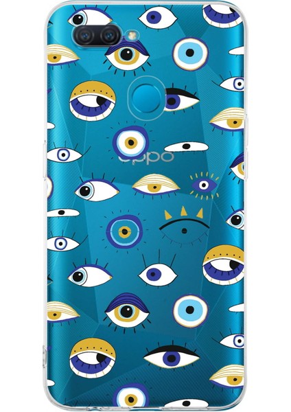 Oppo A12 ile Uyumlu 1mm Slim Fit Nazar Boncuğu 2 Baskılı Şeffaf Silikon Kılıf