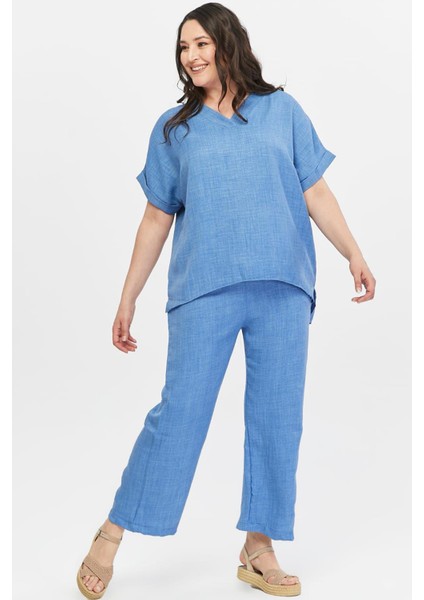 Kadın Büyük Beden Dokuma Pamuklu Yazlık Kaprili Mavi Ikili Takım modelleri