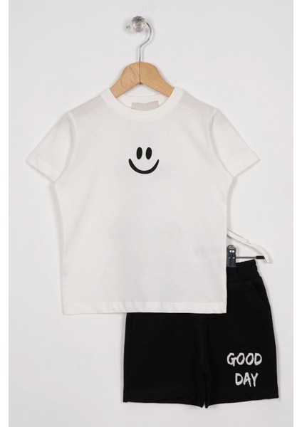 Smile Baskılı Arkası Yazı Baskılı Ekru Siyah Renk Erkek Çocuk Kaprili Takım