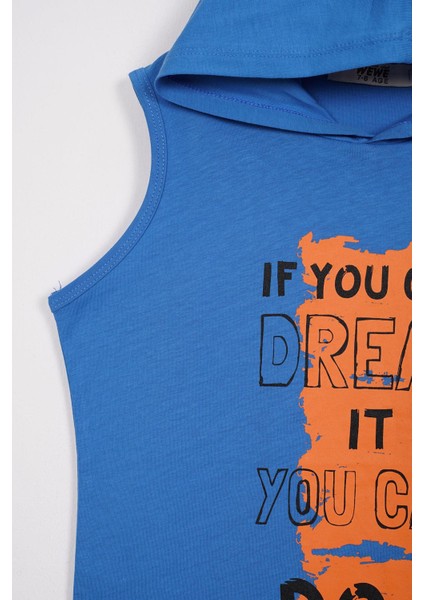 Baskılı Kapüşonlu Sıfır Kol Mavi Renk Erkek Çocuk Tshirt modelleri