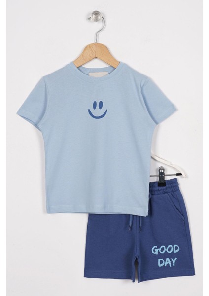 Smile Baskılı Arkası Yazı Baskılı Buzmavi Renk Erkek Çocuk Kaprili Takım