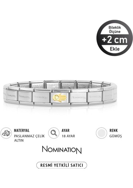 Tekno Trust Sarı Italy Composable Klasik Paslanmaz Çelik Bileklik ve Altın Fatıma Eli 1 Yıl Altın 18 Ayar