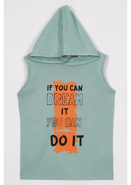 Baskılı Kapüşonlu Sıfır Kol Yeşil Renk Erkek Çocuk Tshirt