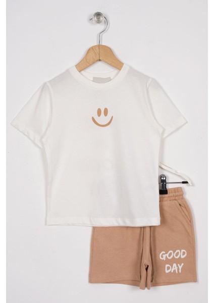 Smile Baskılı Arkası Yazı Baskılı Ekru Renk Erkek Çocuk Kaprili Takım