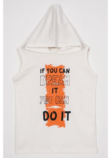 Baskılı Kapüşonlu Sıfır Kol Ekru Renk Erkek Çocuk Tshirt