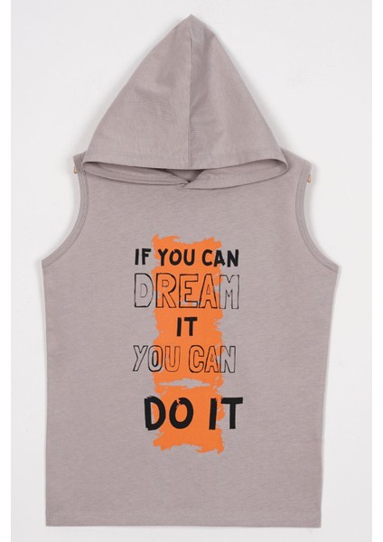 Baskılı Kapüşonlu Sıfır Kol Taş Renk Erkek Çocuk Tshirt