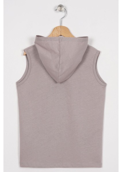 Baskılı Kapüşonlu Sıfır Kol Taş Renk Erkek Çocuk Tshirt fırsatları