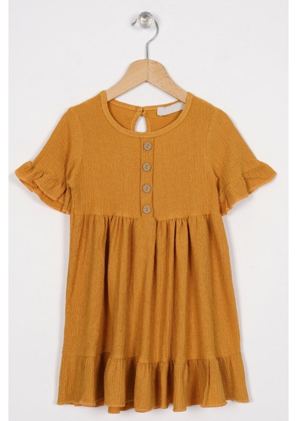 Bisiklet Yaka Kısa Kol Fırfırlı Dugmelı Hardal Renk Kız Çocuk Elbıse