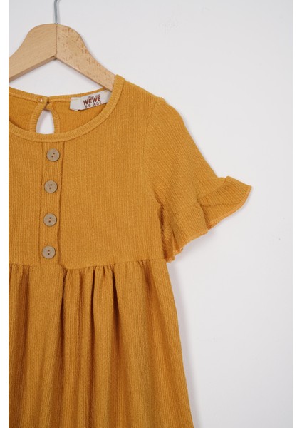 Bisiklet Yaka Kısa Kol Fırfırlı Dugmelı Hardal Renk Kız Çocuk Elbıse fiyatları