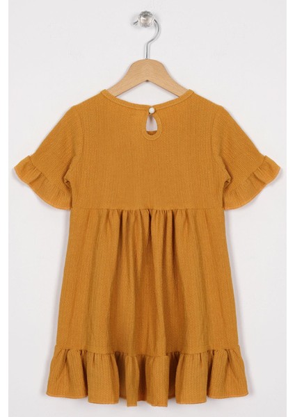 Bisiklet Yaka Kısa Kol Fırfırlı Dugmelı Hardal Renk Kız Çocuk Elbıse modelleri