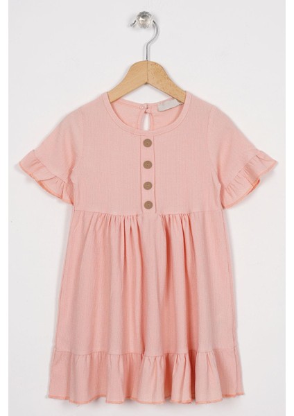 Bisiklet Yaka Kısa Kol Fırfırlı Dugmelı Pudra Renk Kız Çocuk Elbıse