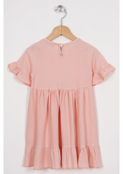Bisiklet Yaka Kısa Kol Fırfırlı Dugmelı Pudra Renk Kız Çocuk Elbıse modelleri