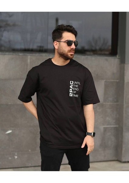 2pac Baskılı Siyah Unisex Oversize T-Shirt