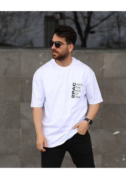 2pac Baskılı Siyah Unisex Oversize T-Shirt